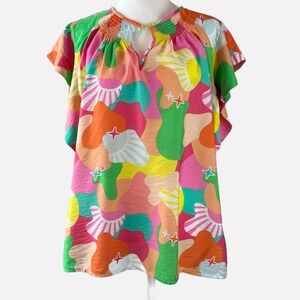 MICHELLE McDOWELL Bright Colorful Flutter Sleeve‎ Smocked V Neck Blouse Size XL